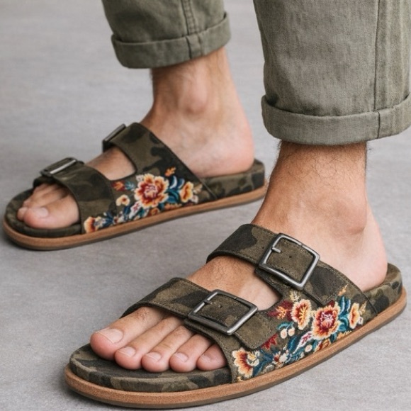 Johnny Was Shoes - NEW Johnny Was Embroidered Buckle Slides Camo Slip On Sandals Size 7